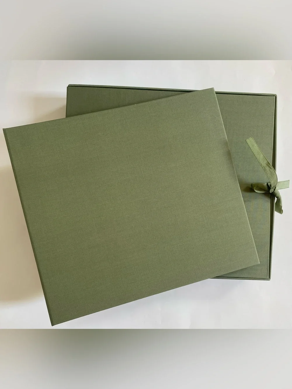 Olive Green Cloth Covered Scrapbook Album and Box, New 8”x8” Pages